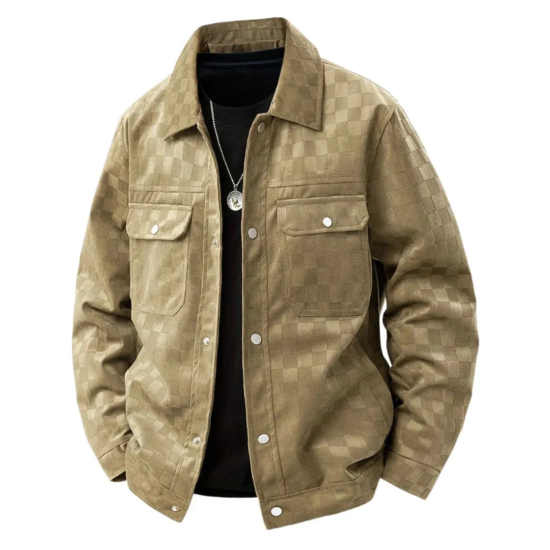 Men's checkerboard velour suede jacket with satin lining, modern urban slim fit, tonal texture