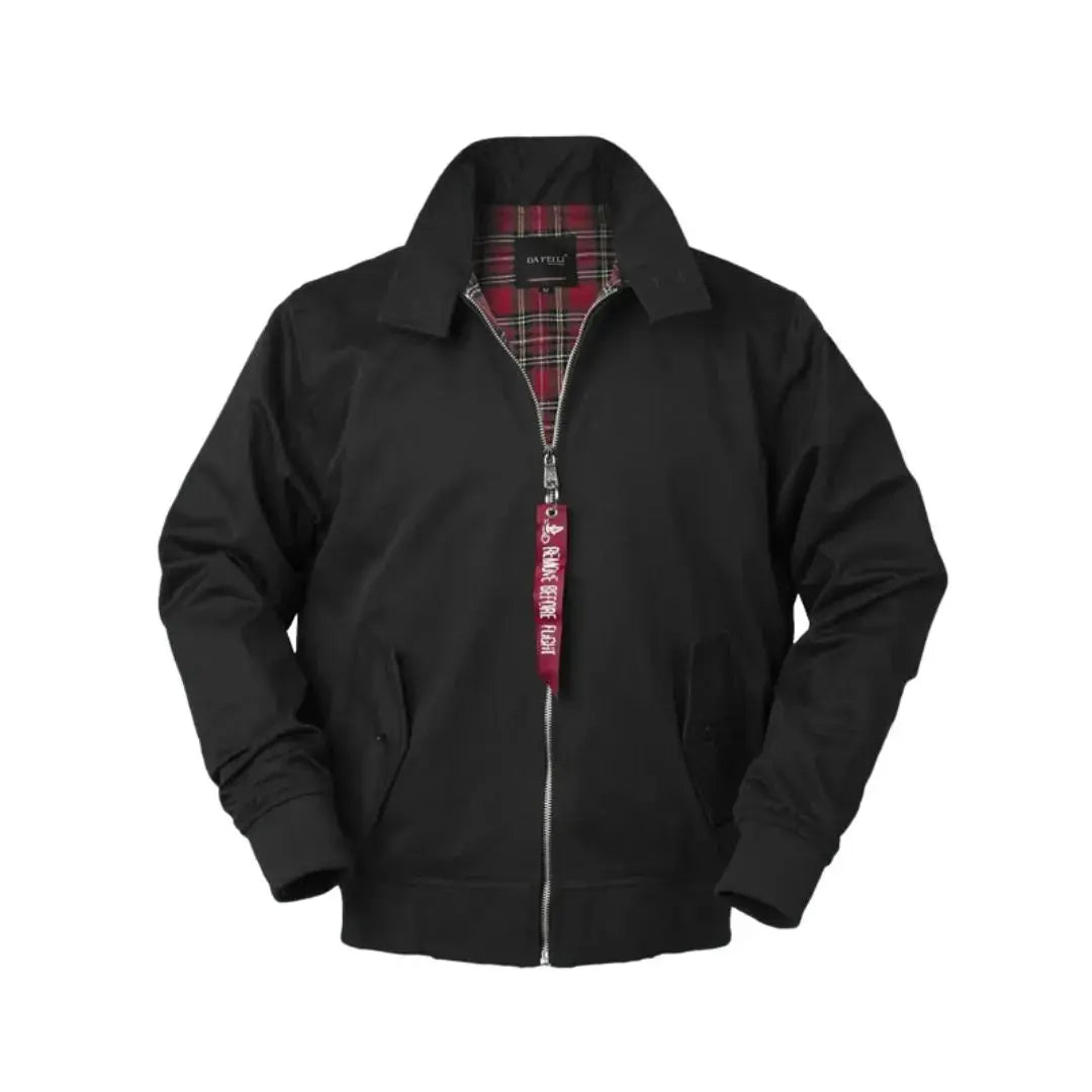 Men's navy Harrington jacket tailored fit with signature tartan lining, classic British heritage style