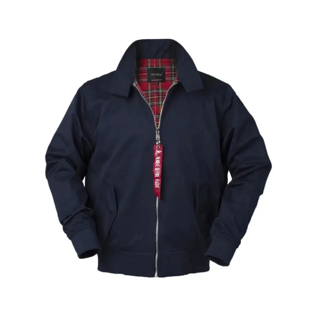 Men's navy Harrington jacket tailored fit with signature tartan lining, classic British heritage style