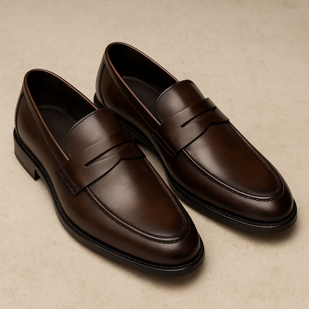 Men's classic penny loafers in black or brown full-grain leather, slip-on style with iconic penny strap
