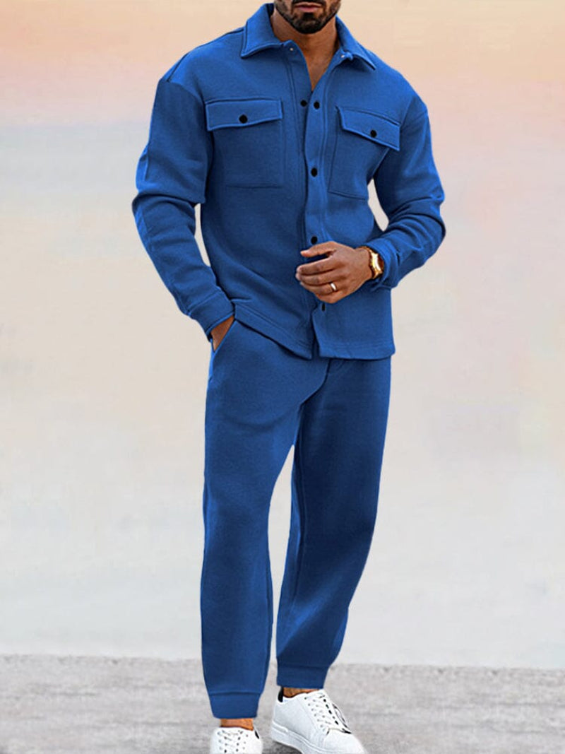Men's relaxed knit shirt and pant set in coordinated style, soft fabric for all-day comfort