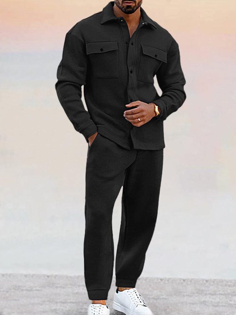 Men's relaxed knit shirt and pant set in coordinated style, soft fabric for all-day comfort