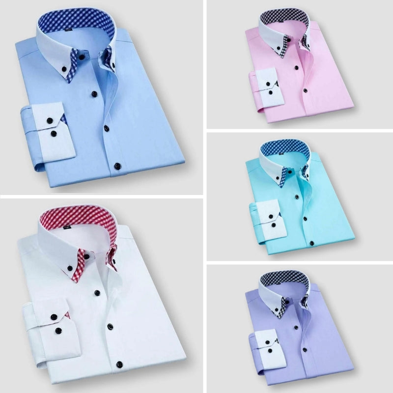 Men's white dress shirt contrast collar cuffs bold inner checkered lining modern slim fit