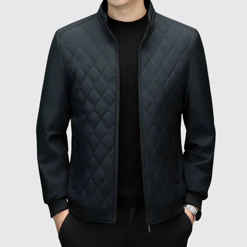 Men's black diamond-quilted bomber jacket tailored fit with ribbed cuffs for modern refined style