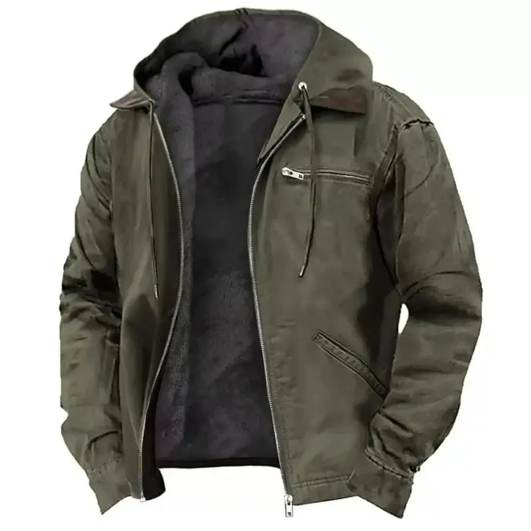 Men's navy fleece-lined hooded jacket relaxed fit cotton-blend shell cold weather insulation