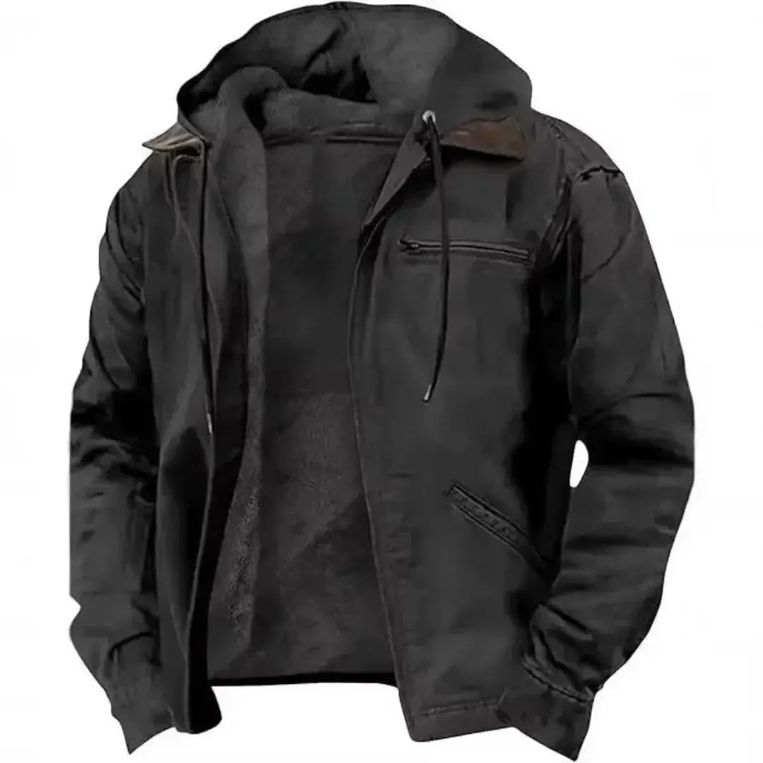 Men's navy fleece-lined hooded jacket relaxed fit cotton-blend shell cold weather insulation