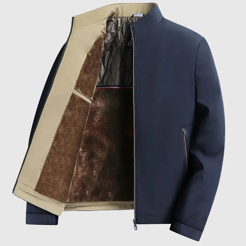 Men's fleece-lined winter jacket with faux fur collar, full-zip, wind-repellent thermal insulation