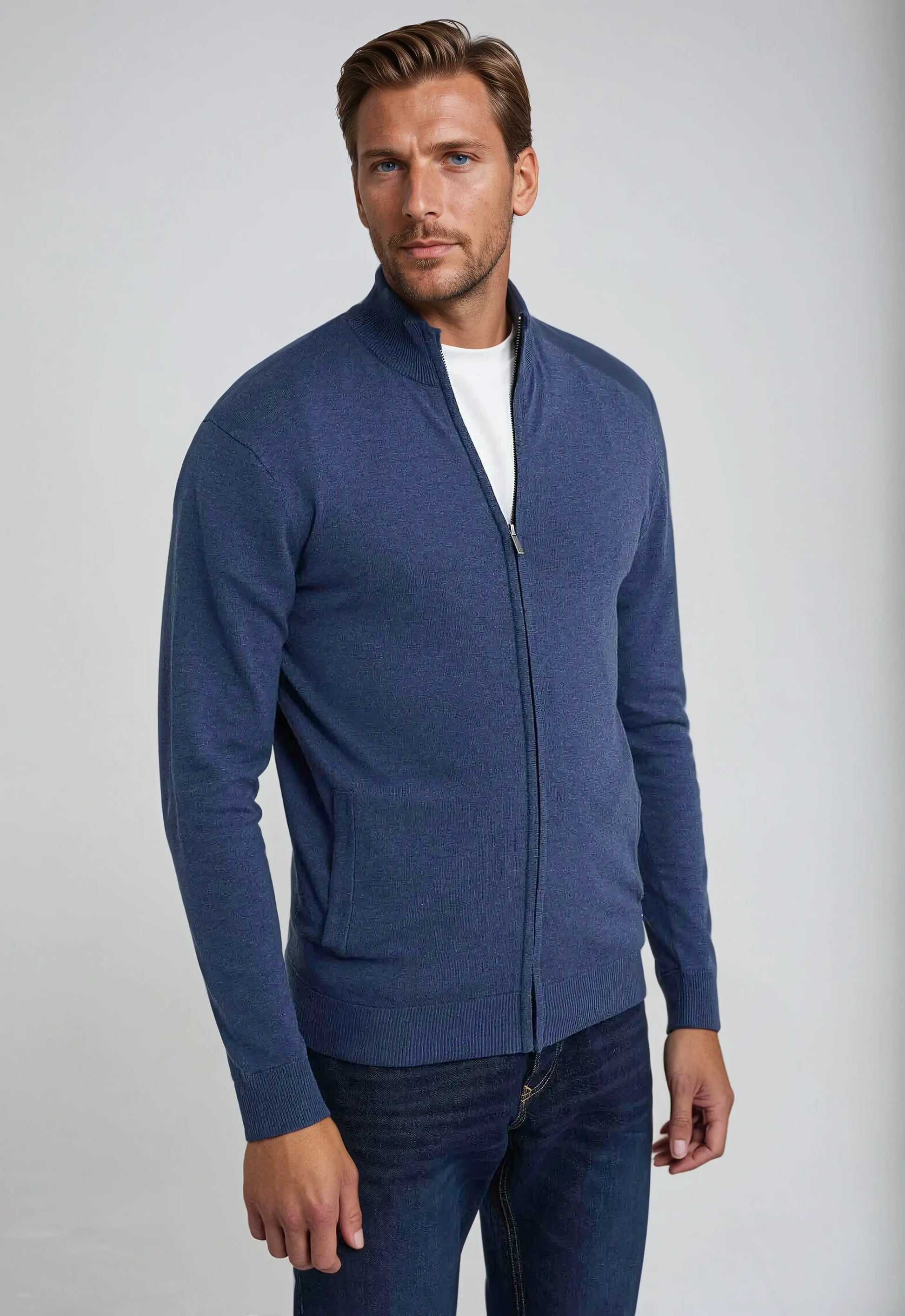 Men's full zip high neck sweater slim fit casual smart premium knit fabric versatile layer comfort