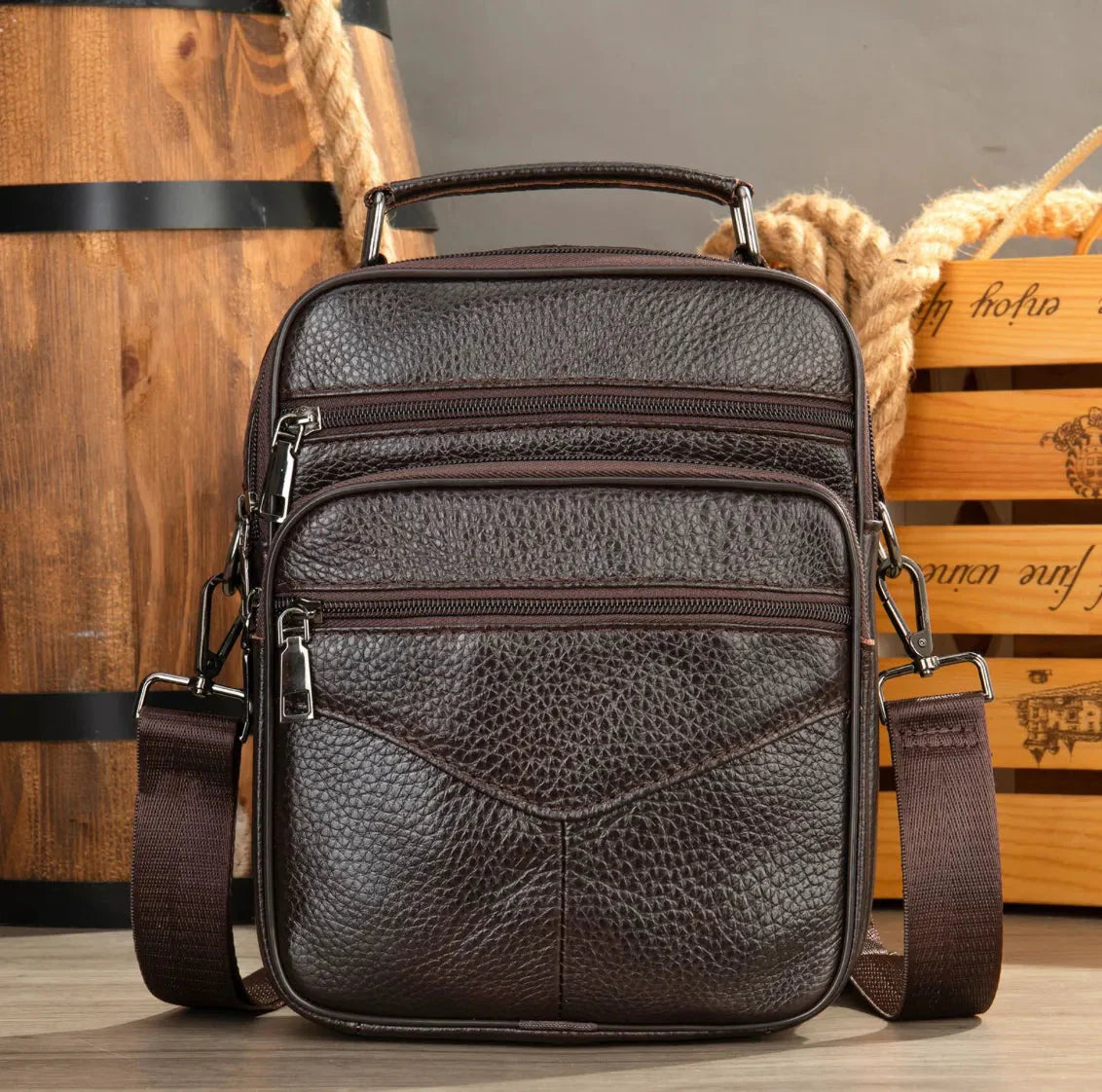 Men's genuine cowhide leather crossbody bag, multi-zip compartments, slim professional everyday carry
