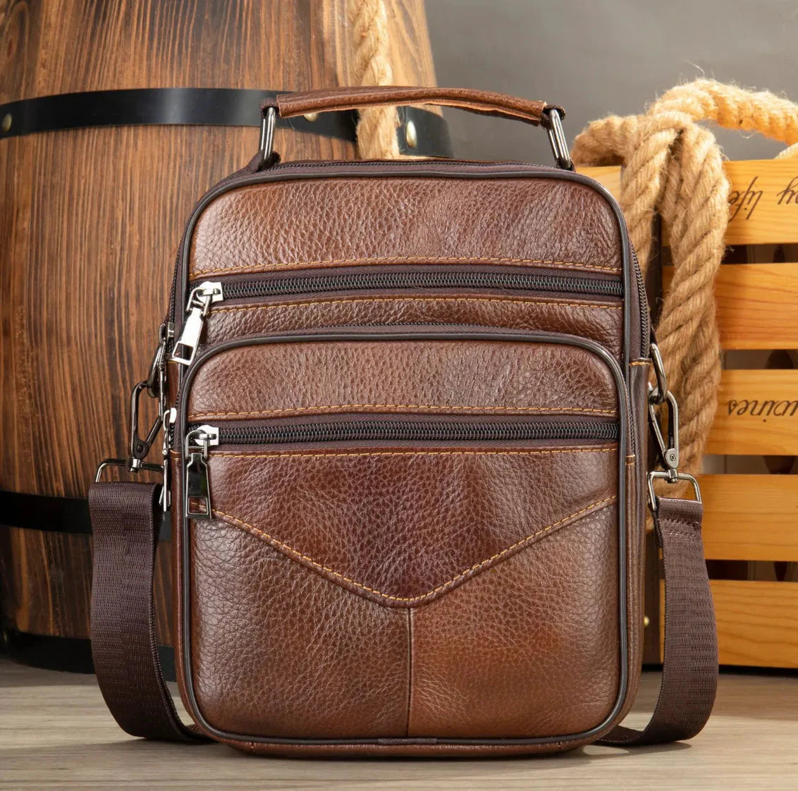 Men's brown genuine cowhide leather crossbody bag multi-zip compartments everyday professional carry