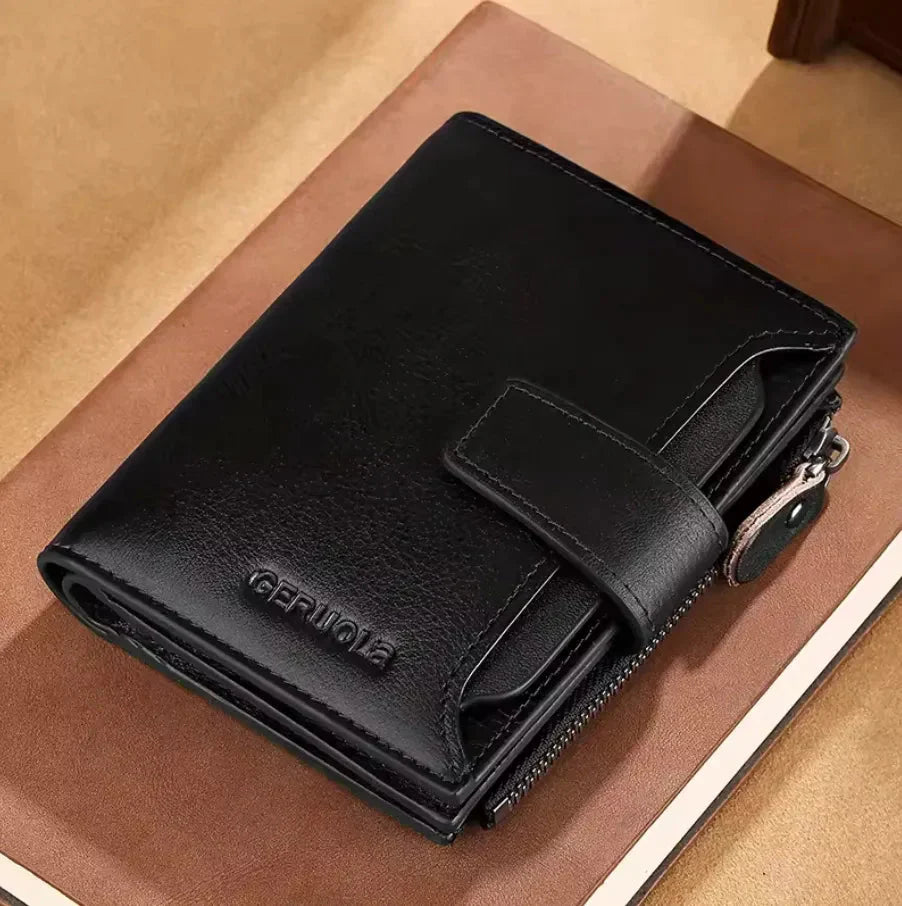 Men's slim genuine leather bifold wallet with RFID blocking technology and 17 card slots