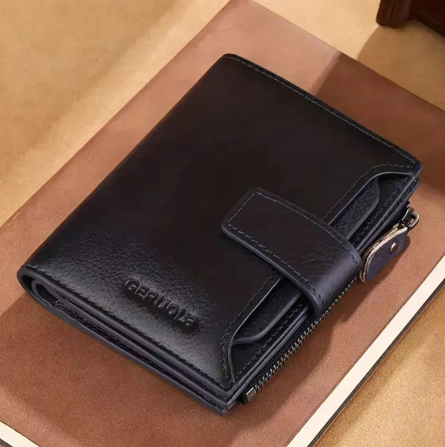 Men's slim genuine leather bifold wallet with RFID blocking and 17 card slots ID window