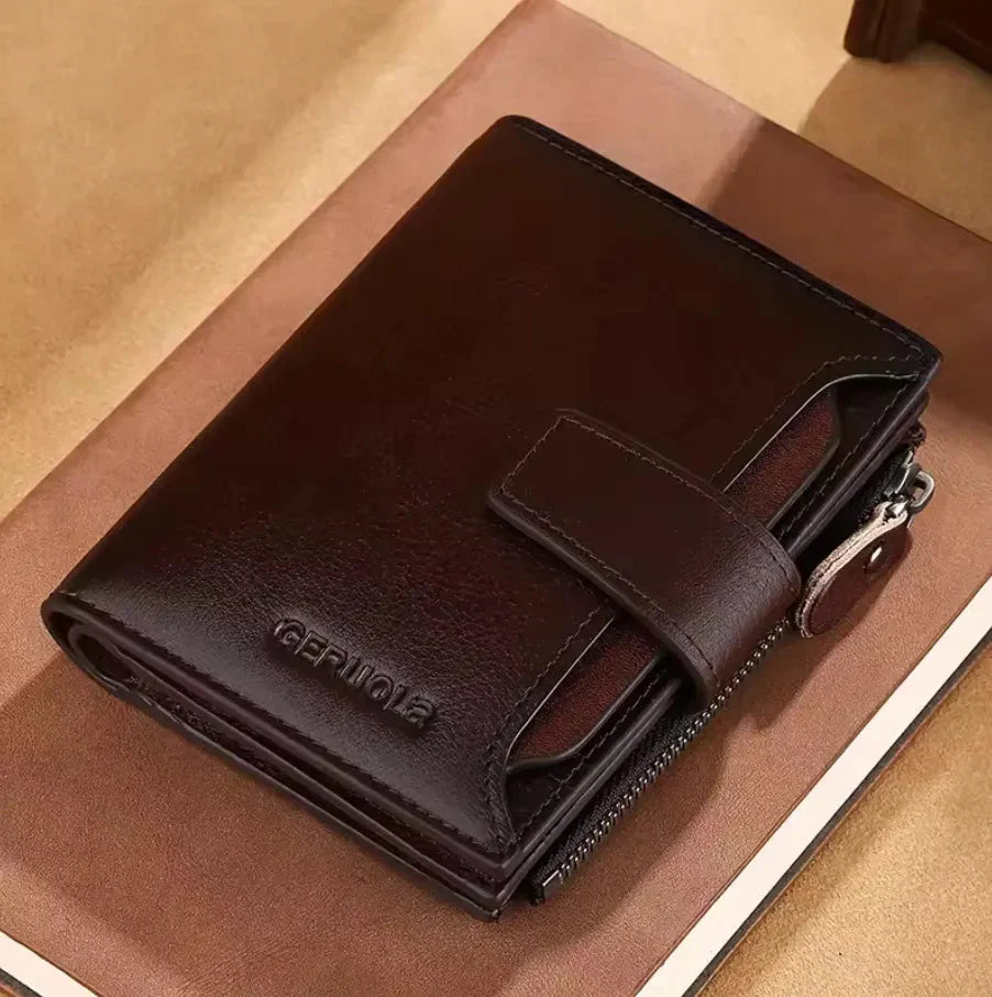 Men's slim genuine leather bifold wallet with RFID blocking technology and 17 card slots