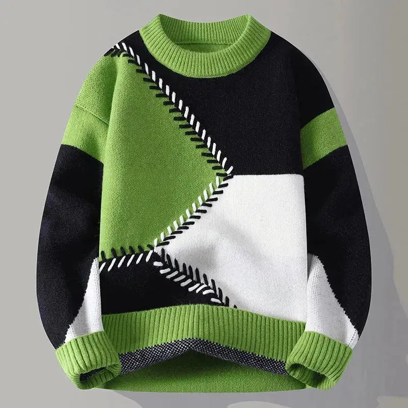 Men's geometric color block knit pullover, bold multicolor pattern, casual fit, premium ribbed fabric