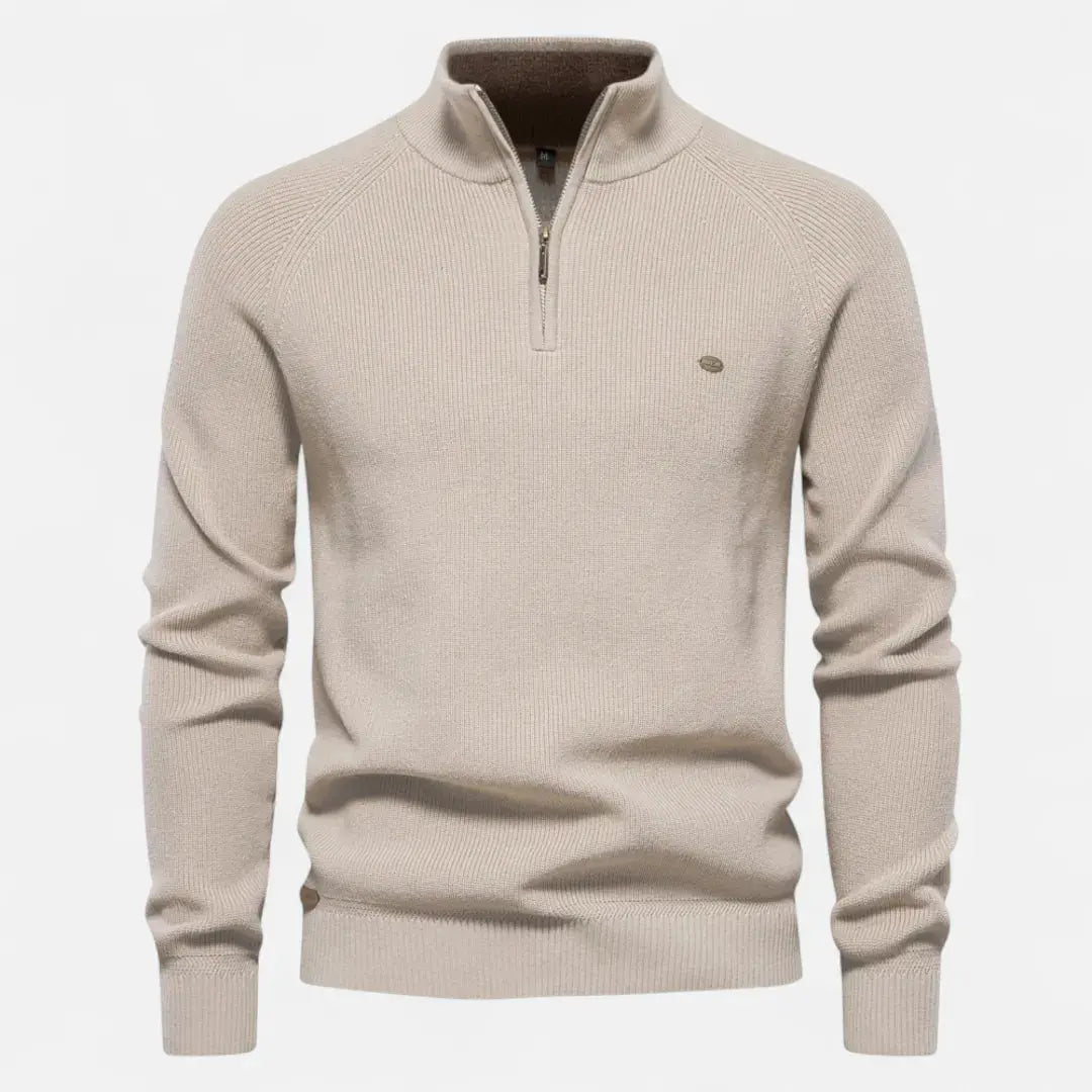 Men's rib-knit cotton half-zip sweater with stand collar, soft warm everyday layering piece