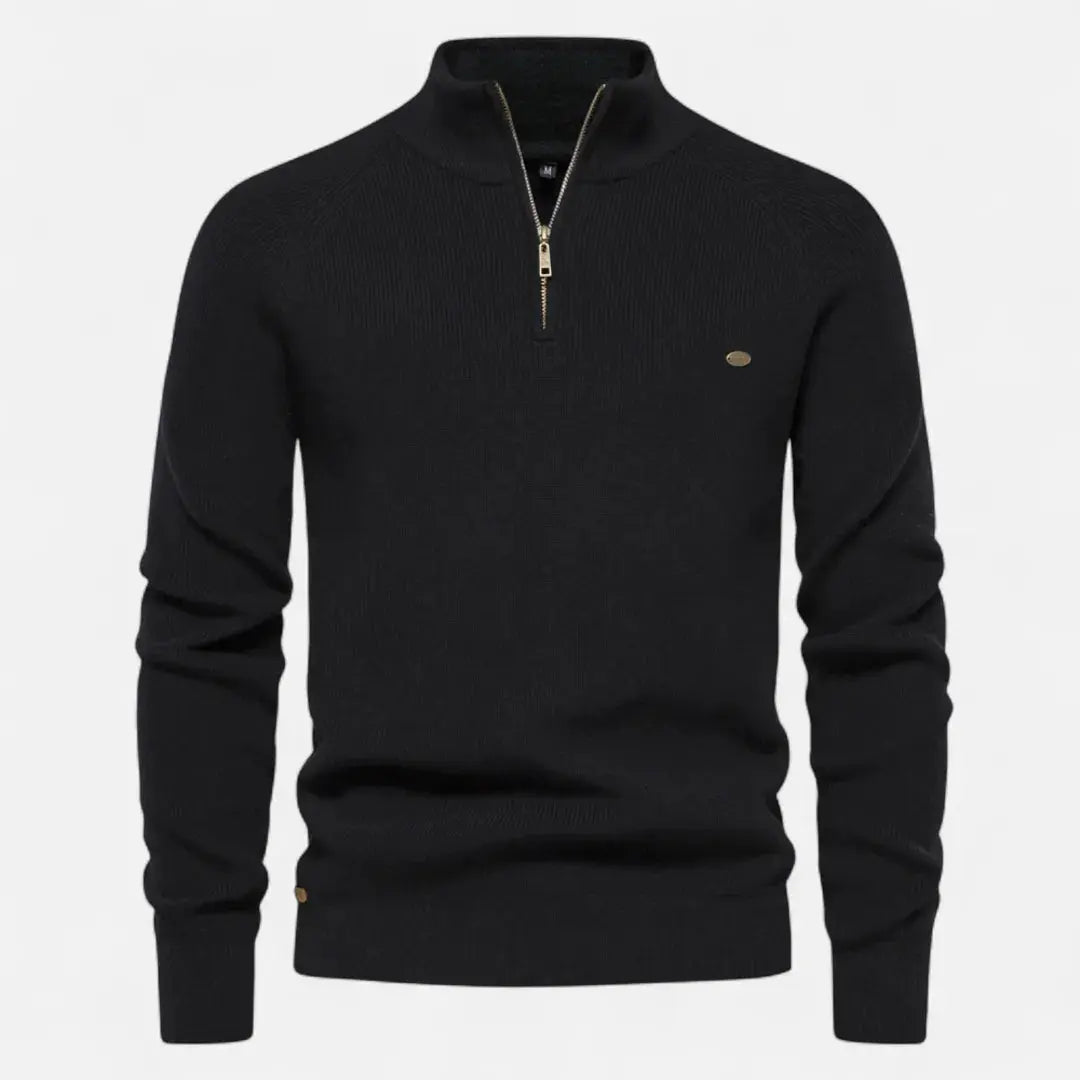 Men's beige cotton rib-knit half-zip sweater with structured stand collar for layering