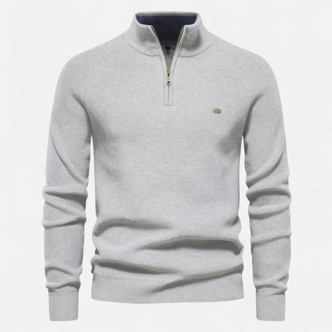 Men's navy cotton rib-knit half-zip sweater with structured stand collar for polished layering