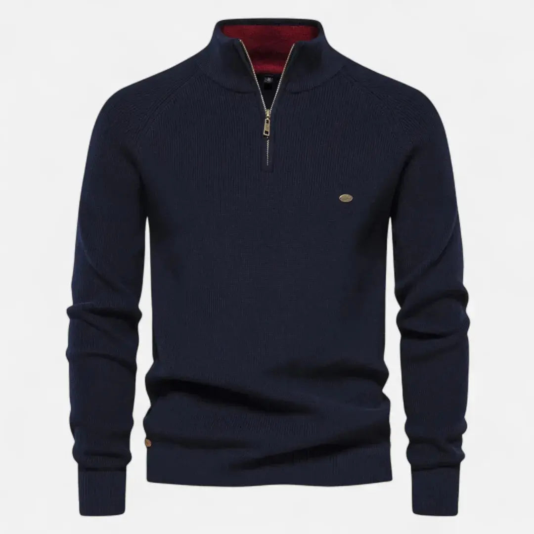 Men's charcoal cotton rib-knit half-zip sweater with structured stand collar for polished layering