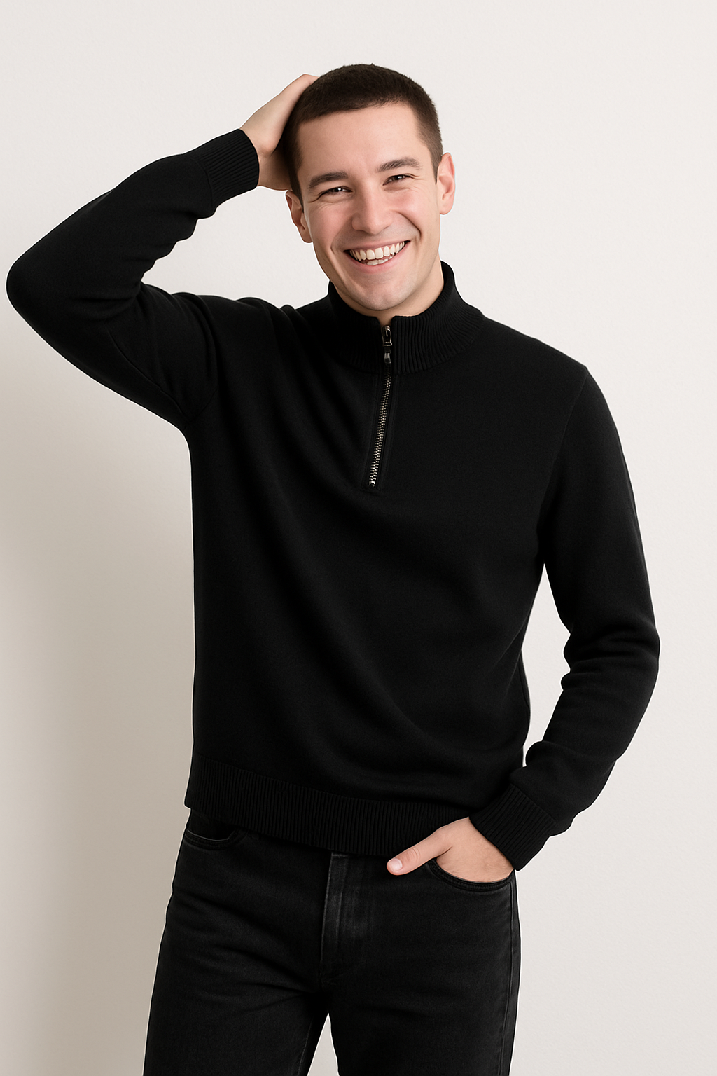 Men's wool blend half-zip sweatshirt regular fit with ribbed cuffs, warm versatile layer