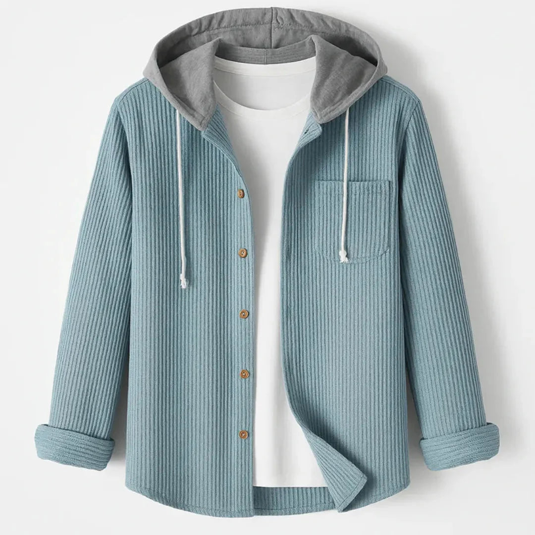 Men's brown corduroy hooded overshirt with button-up front, chest pocket, and drawstring hood