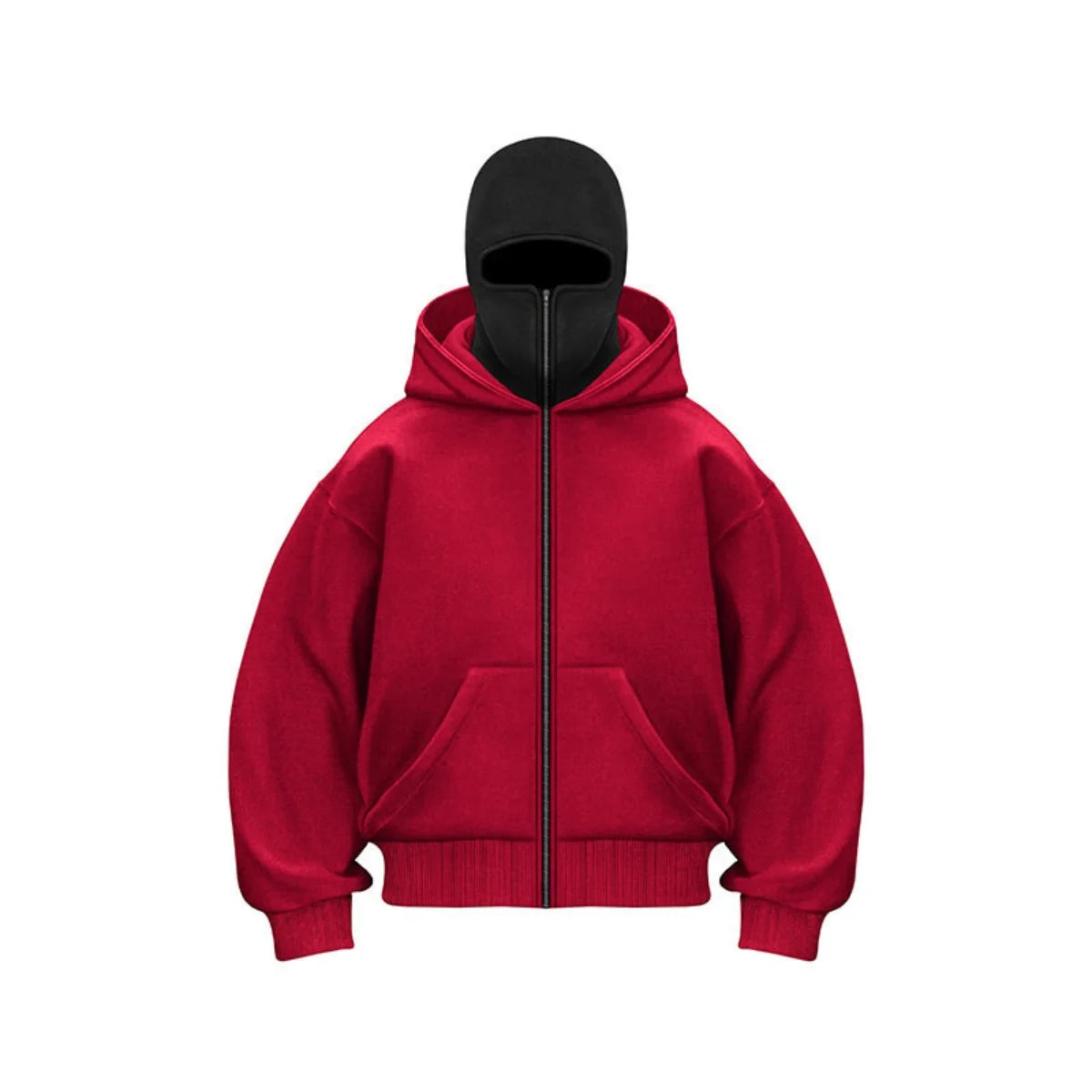 Men's black full-zip hoodie jacket with built-in face cover, cold weather outdoor style