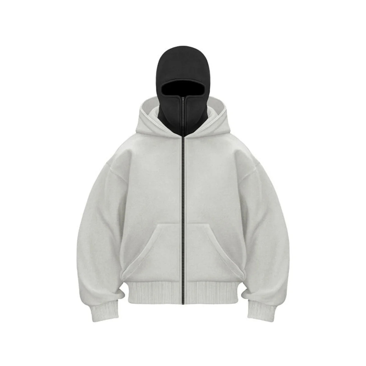 Men's black full-zip hoodie jacket with built-in face cover, cold weather outdoor fleece style
