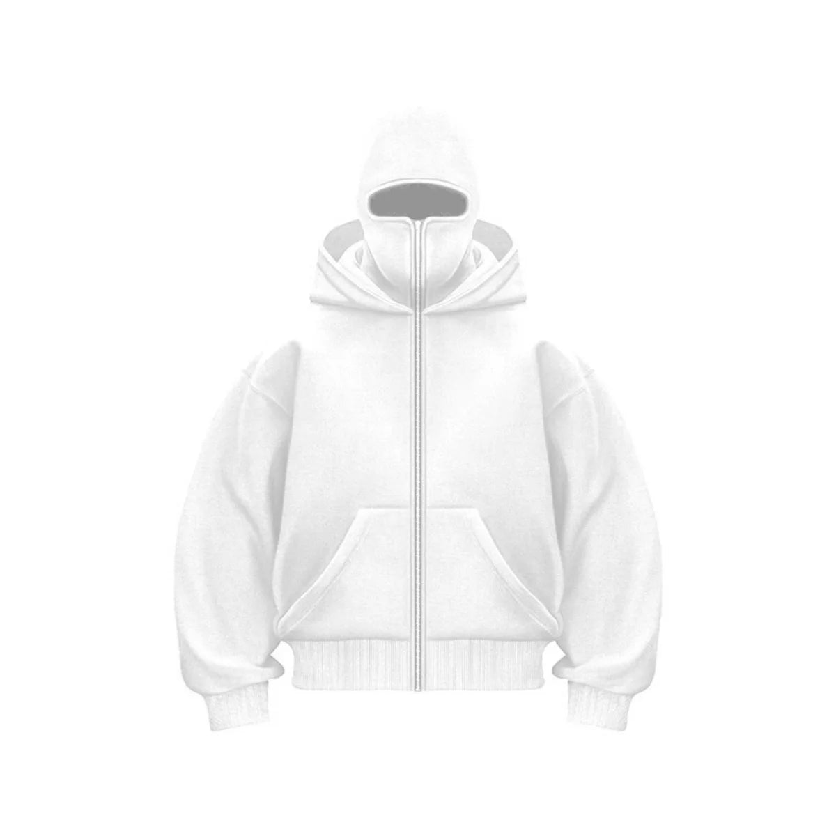 Men's black full-zip hoodie jacket with built-in face cover, winter outdoor cold weather style