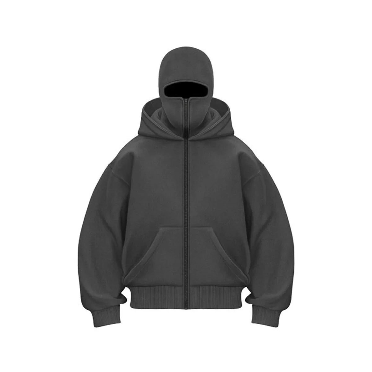 Men's black full-zip hoodie jacket with built-in face cover, winter outdoor cold weather style