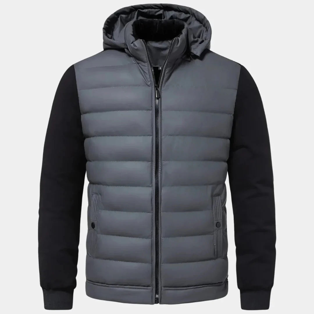 Men's hybrid puffer jacket navy blue quilted insulated front soft knit sleeves detachable hood