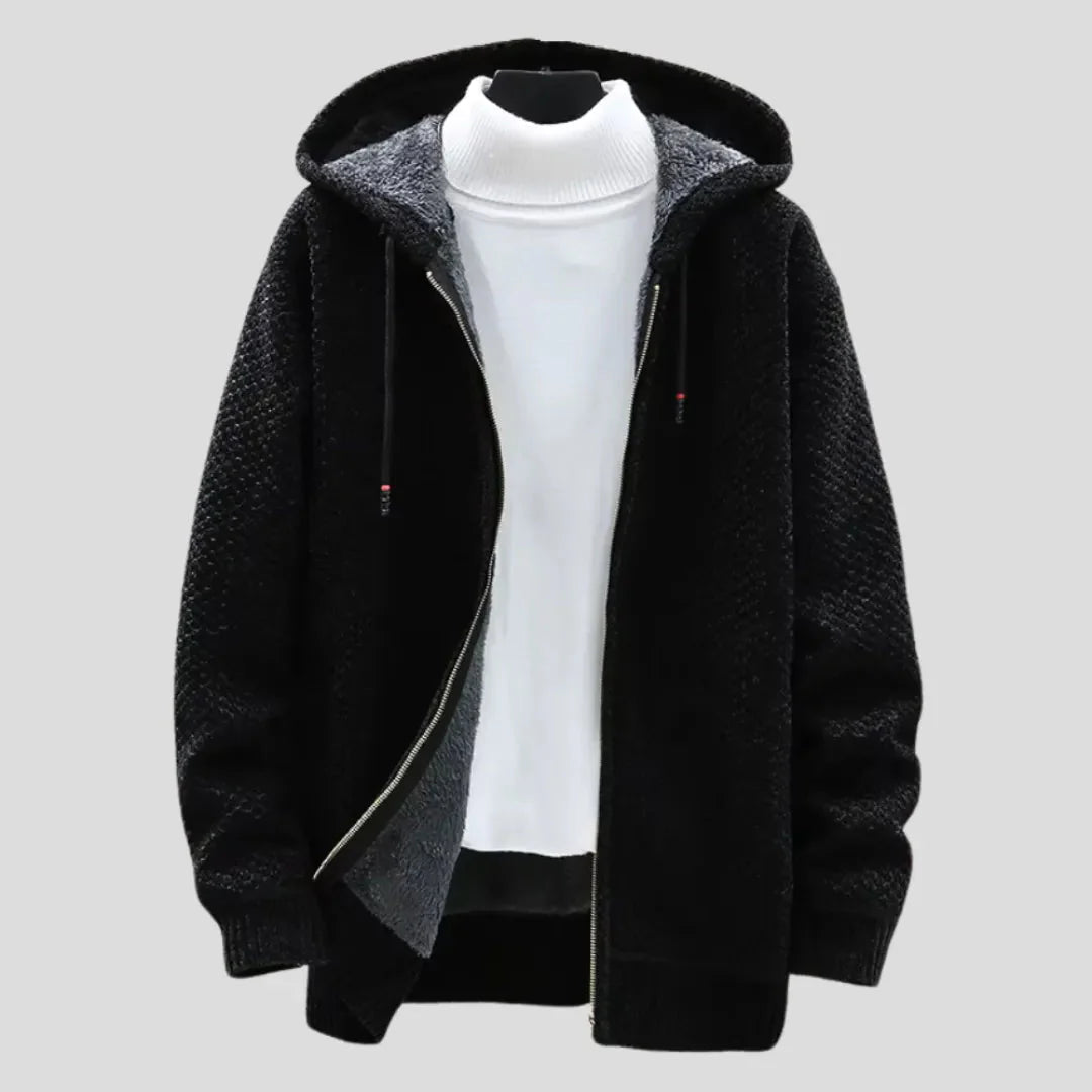 Men's relaxed-fit knit fleece zip hoodie with plush lining and textured exterior