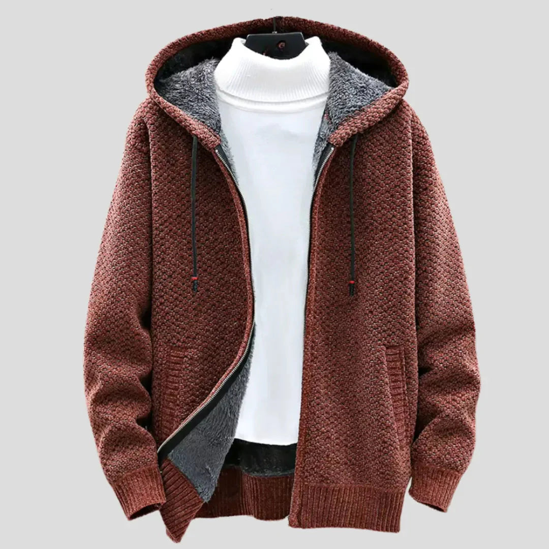 Men's relaxed fit zip hoodie with textured knit exterior, plush fleece lining, and cozy warm style