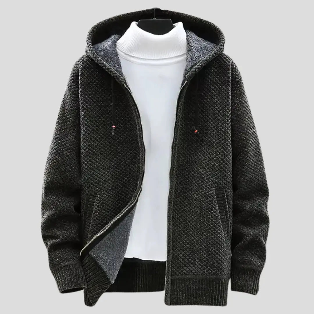 Men's relaxed fit zip hoodie in textured knit exterior with plush fleece lining for cozy warmth