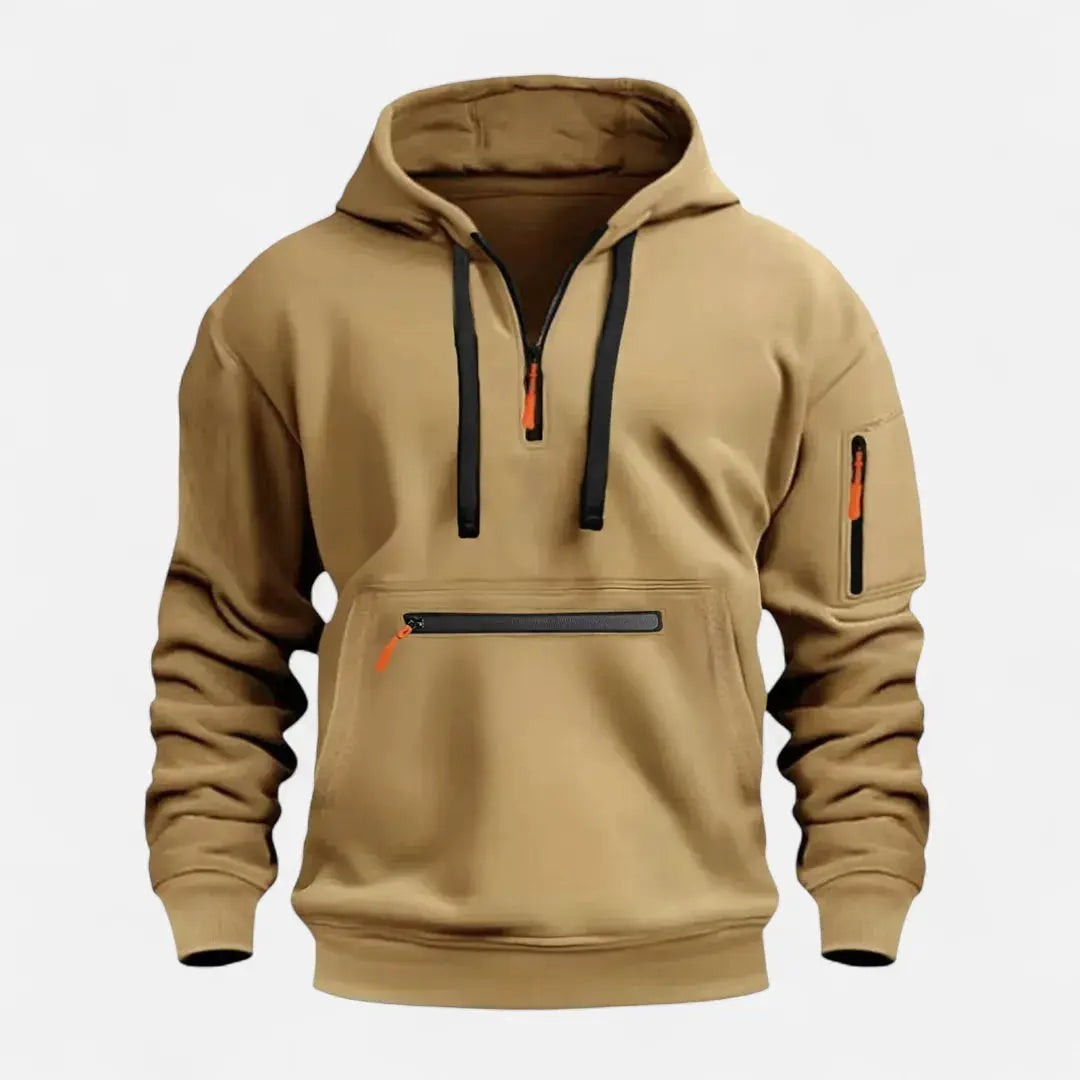 Men's knit zip-up hooded sweater structured fit soft texture versatile everyday layer