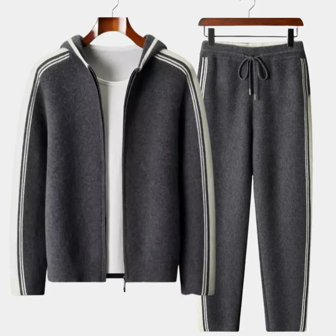 Men's knit zip hoodie jogger set, relaxed fit with contrast stripes, casual sporty style