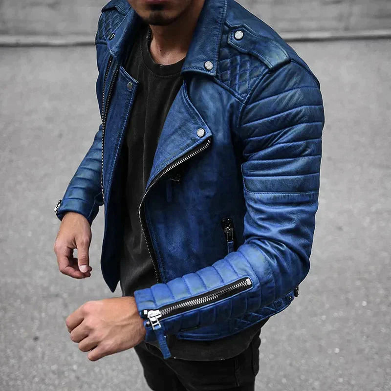 Men's black zip-up moto jacket with quilted sleeves, structured fit, and bold biker street style