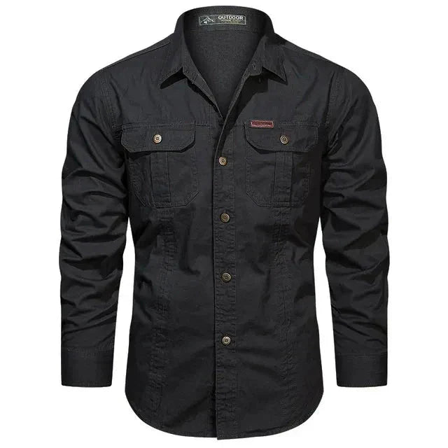 Men's olive green long sleeve utility shirt relaxed fit with dual button-flap chest pockets
