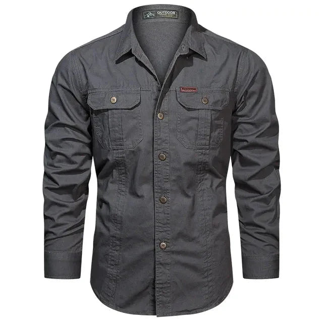 Men's olive green long sleeve utility shirt relaxed fit with dual button-flap chest pockets