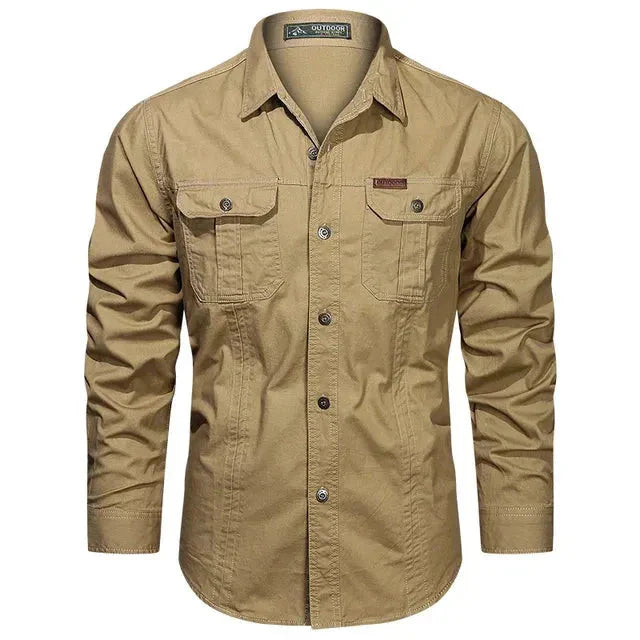 Men's long sleeve utility shirt breathable fabric dual chest pockets outdoor casual fit