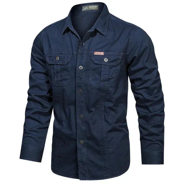 Men's olive green long sleeve utility shirt relaxed fit with dual button-flap chest pockets