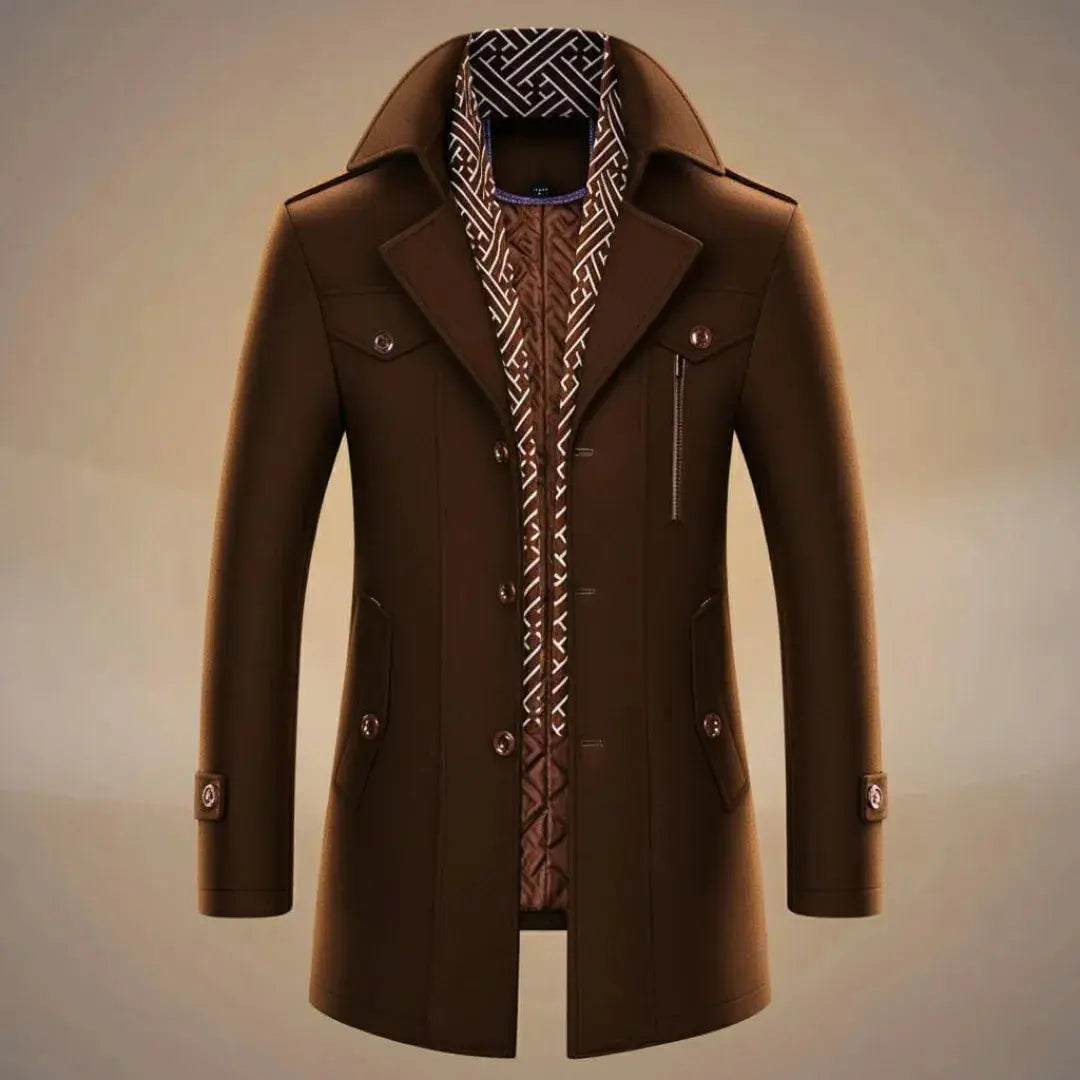 Men's charcoal wool overcoat classic tailored cut with detachable scarf premium 100% wool outerwear