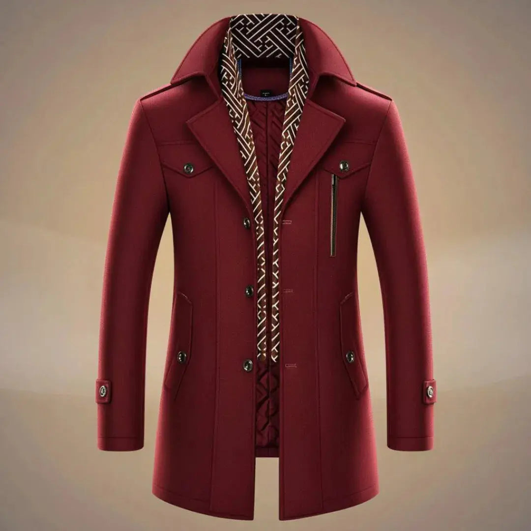 Men's charcoal wool overcoat classic tailored cut with detachable scarf premium 100% wool outerwear