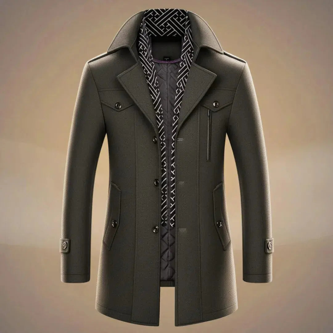 Men's charcoal wool overcoat classic tailored silhouette with detachable scarf premium outerwear