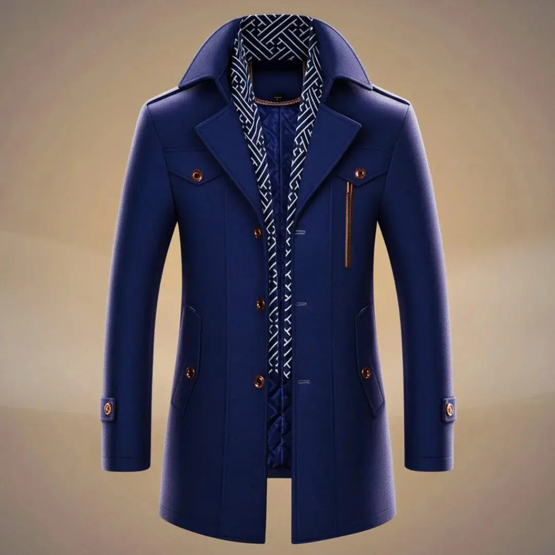 Men's charcoal wool overcoat classic tailored cut with detachable scarf elegant modern outerwear