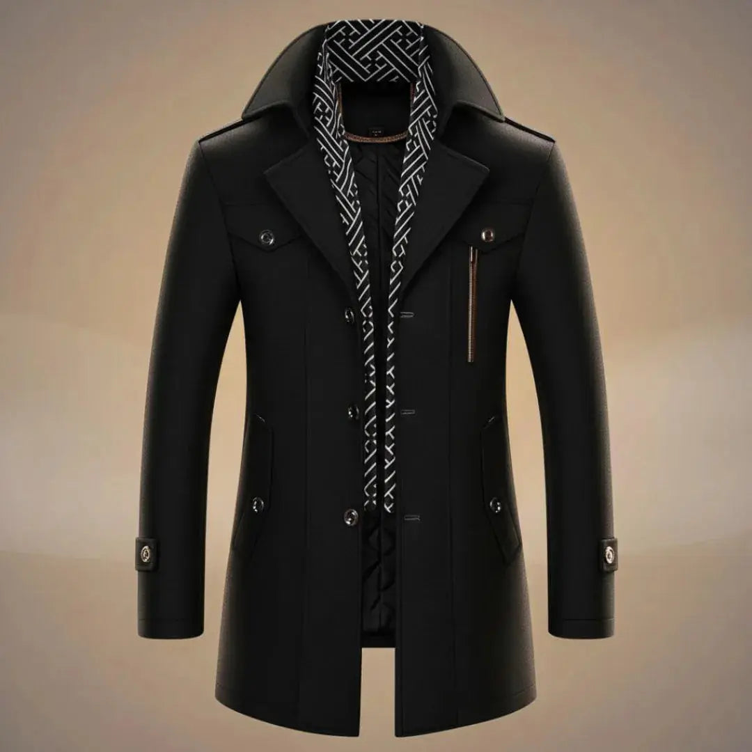 Men's charcoal wool overcoat classic tailored cut with detachable scarf premium 100% wool outerwear