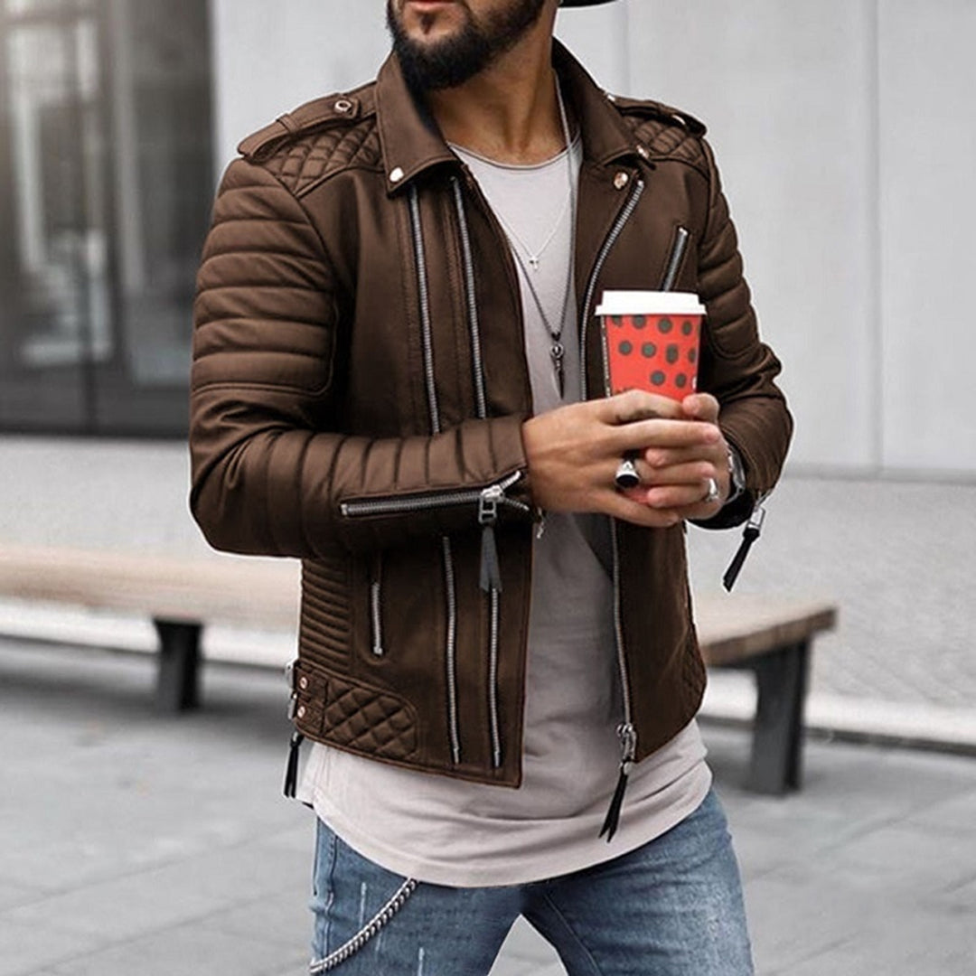 Men's black zip-up moto biker jacket with quilted shoulders and bold urban motorcycle-inspired design