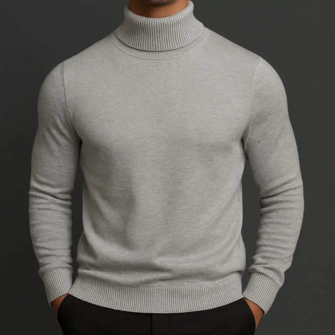 Men's merino wool turtleneck sweater, sleek refined fit with breathable fine-gauge knit warmth
