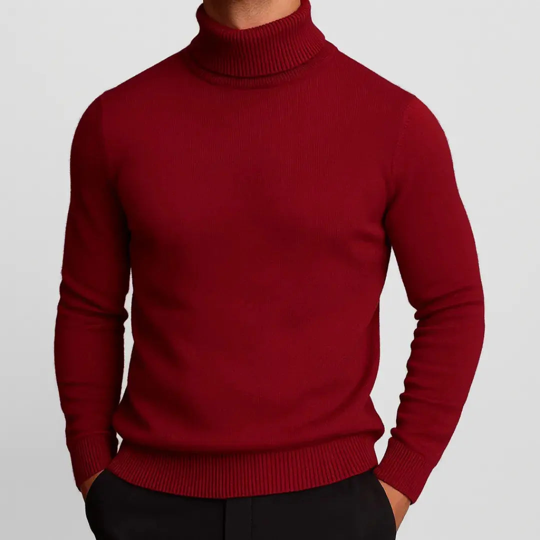Men's merino wool turtleneck sweater, sleek refined fit with breathable fine-gauge knit warmth