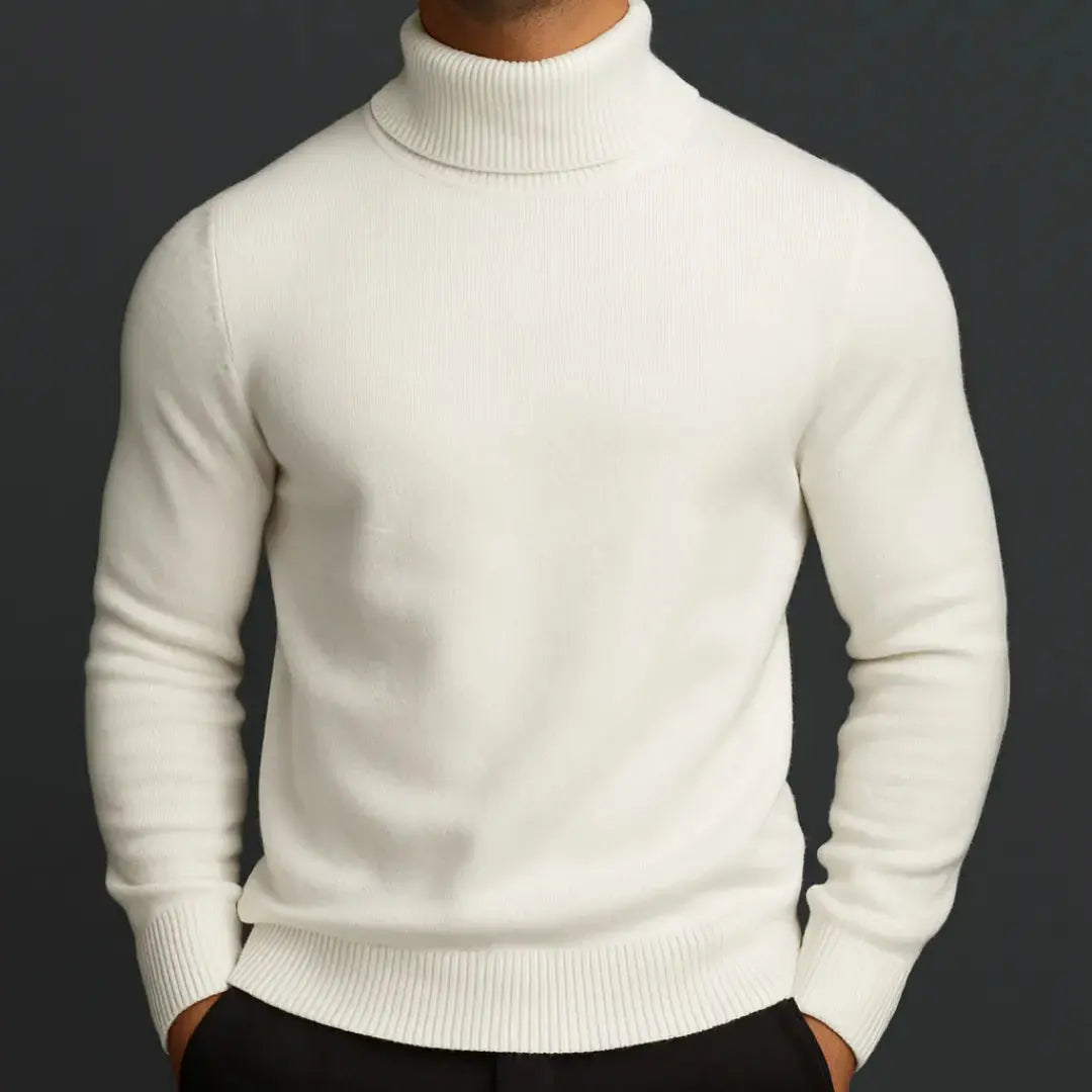 Men's merino wool turtleneck sweater, sleek refined fit with breathable fine-gauge knit warmth
