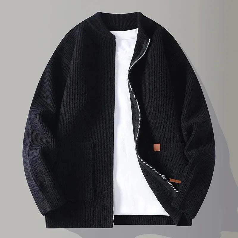 Men's loose knitted cardigan full zip mock neck lightweight layering sweater in neutral tone