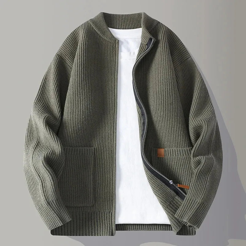 Men's loose knitted cardigan full zip mock neck neutral tone ribbed texture lightweight layering